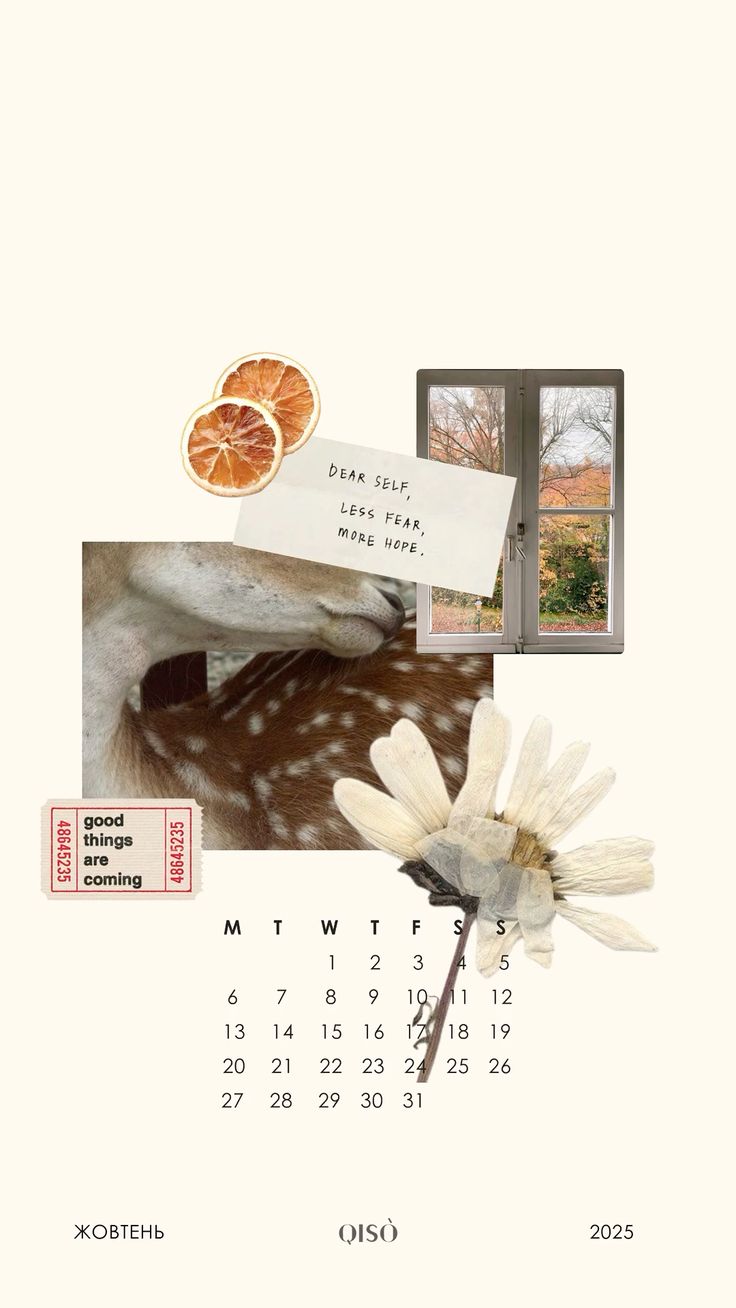 Autumn collage with handwritten note, window, flowers and calendar