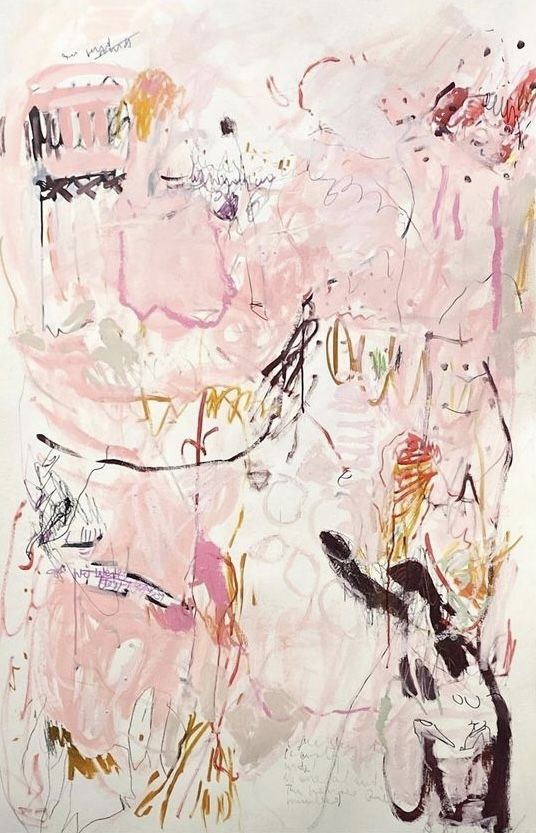 Expressive pink abstract artwork with gestural marks